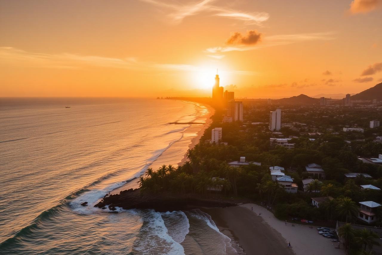 Aerial view of the Monrovia coastline at sunset